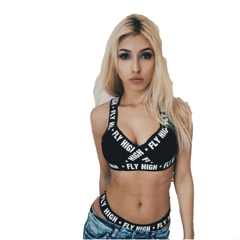 Ladies Gathered Sports Vest Navel Bare Underwear Swimsuit Letter Elastic Band Set - Image 2