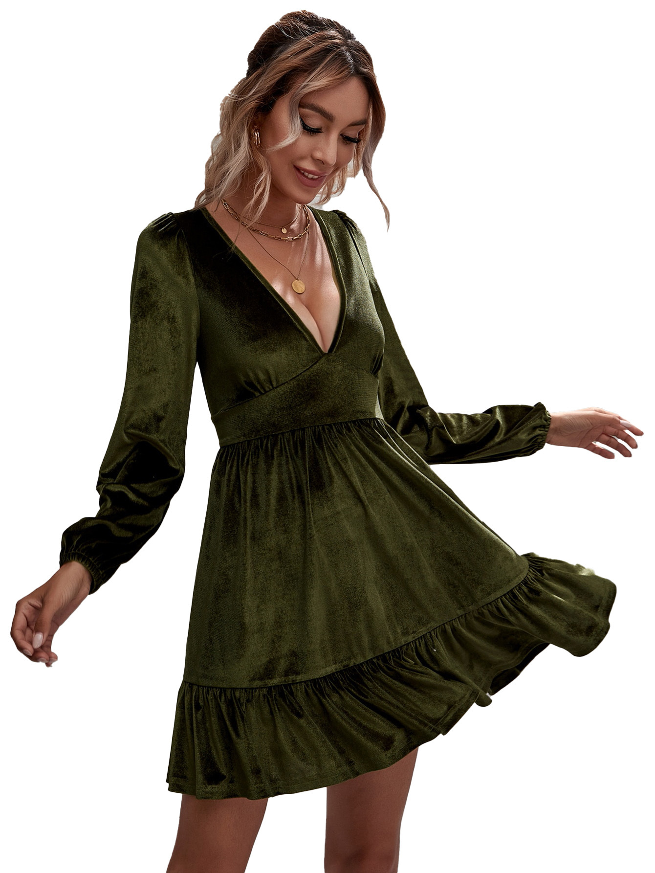 Deep V-Neck Puff-Sleeve Velvet Ruffle Dress - Image 5