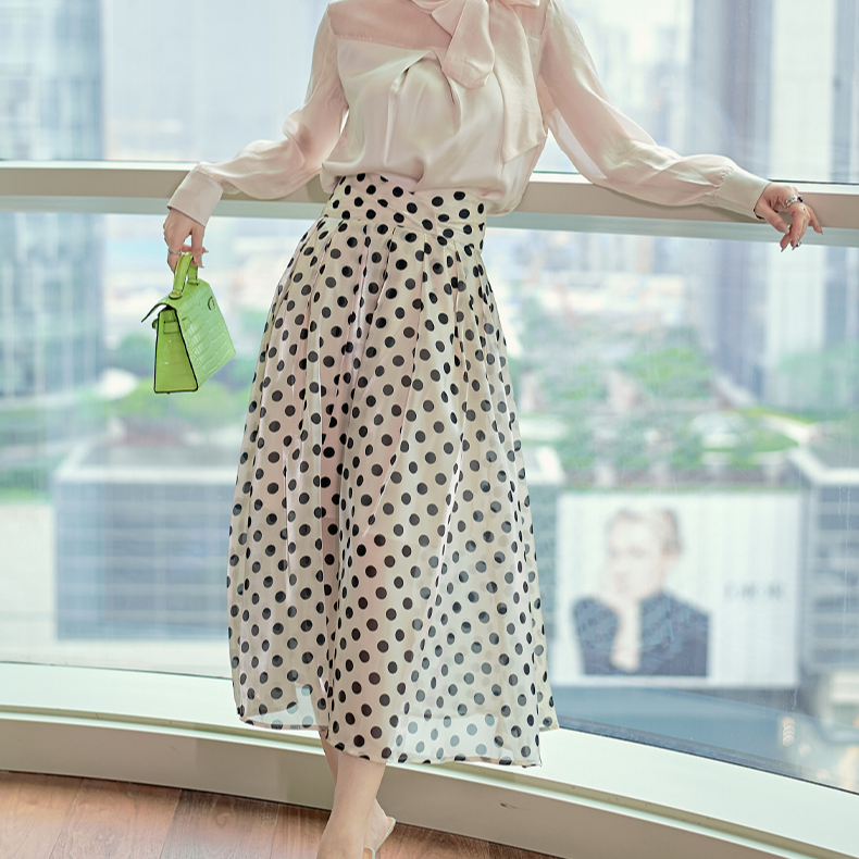 French Elegant Retro Women Polka Dot Faldas Midi A-line Skirt Fashion High Waisted Long Skirts