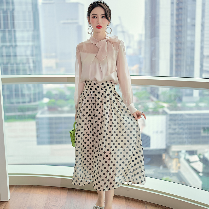 French Elegant Retro Women Polka Dot Faldas Midi A-line Skirt Fashion High Waisted Long Skirts - Image 2
