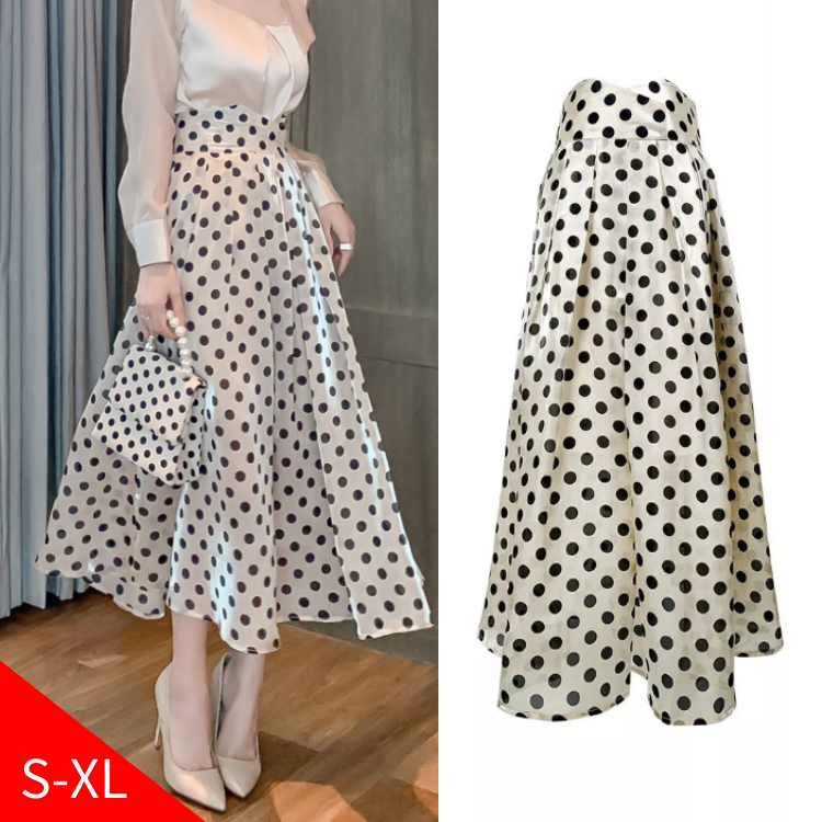 French Elegant Retro Women Polka Dot Faldas Midi A-line Skirt Fashion High Waisted Long Skirts - Image 6