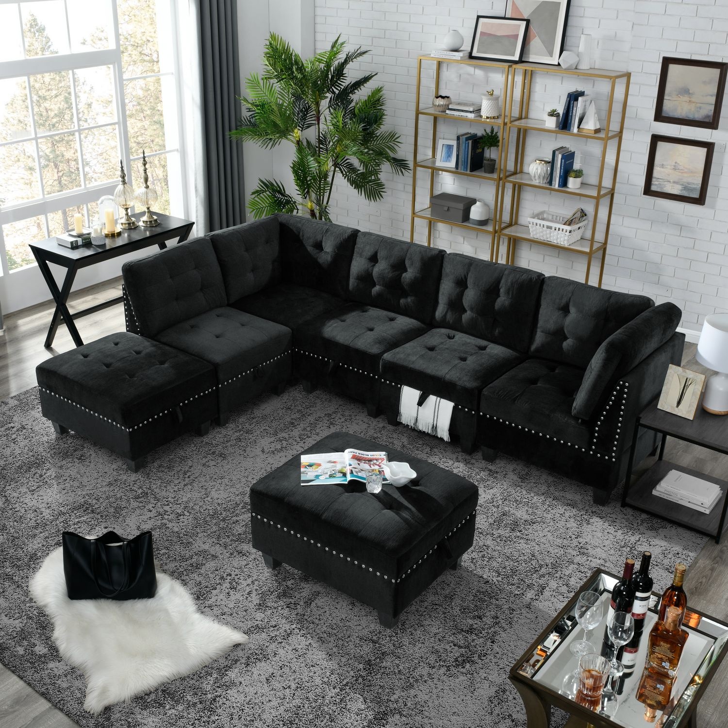 USA Luxury Black L shape Modular Sectional Sofa, 3 Single Chair 2 Corner Ottoman, DIY Combination Sofas - Image 6