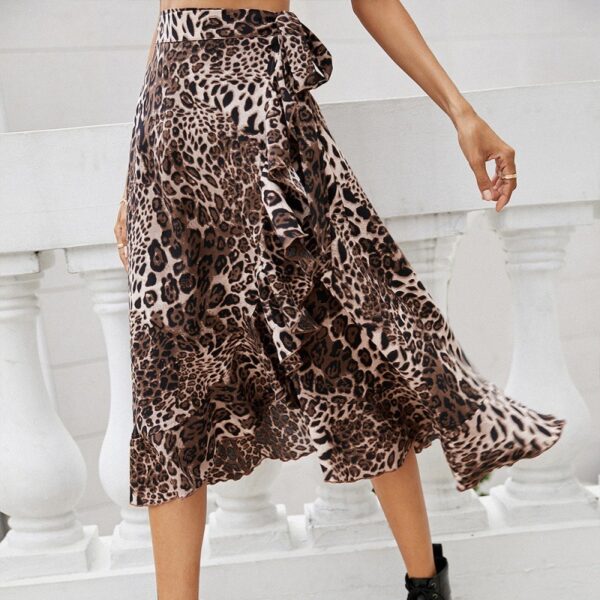 Irregular Leopard Print Lace-up Sexy Skirt With Ruffles - Image 3