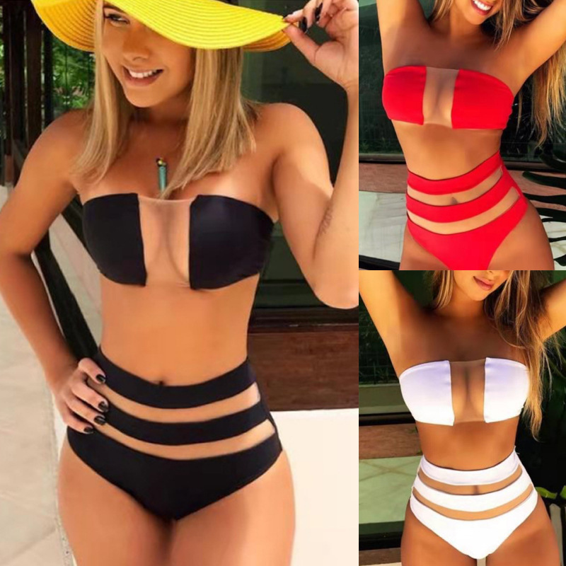 Pure Color Mesh Bikini Flat Chest High Waist New Swimsuit
