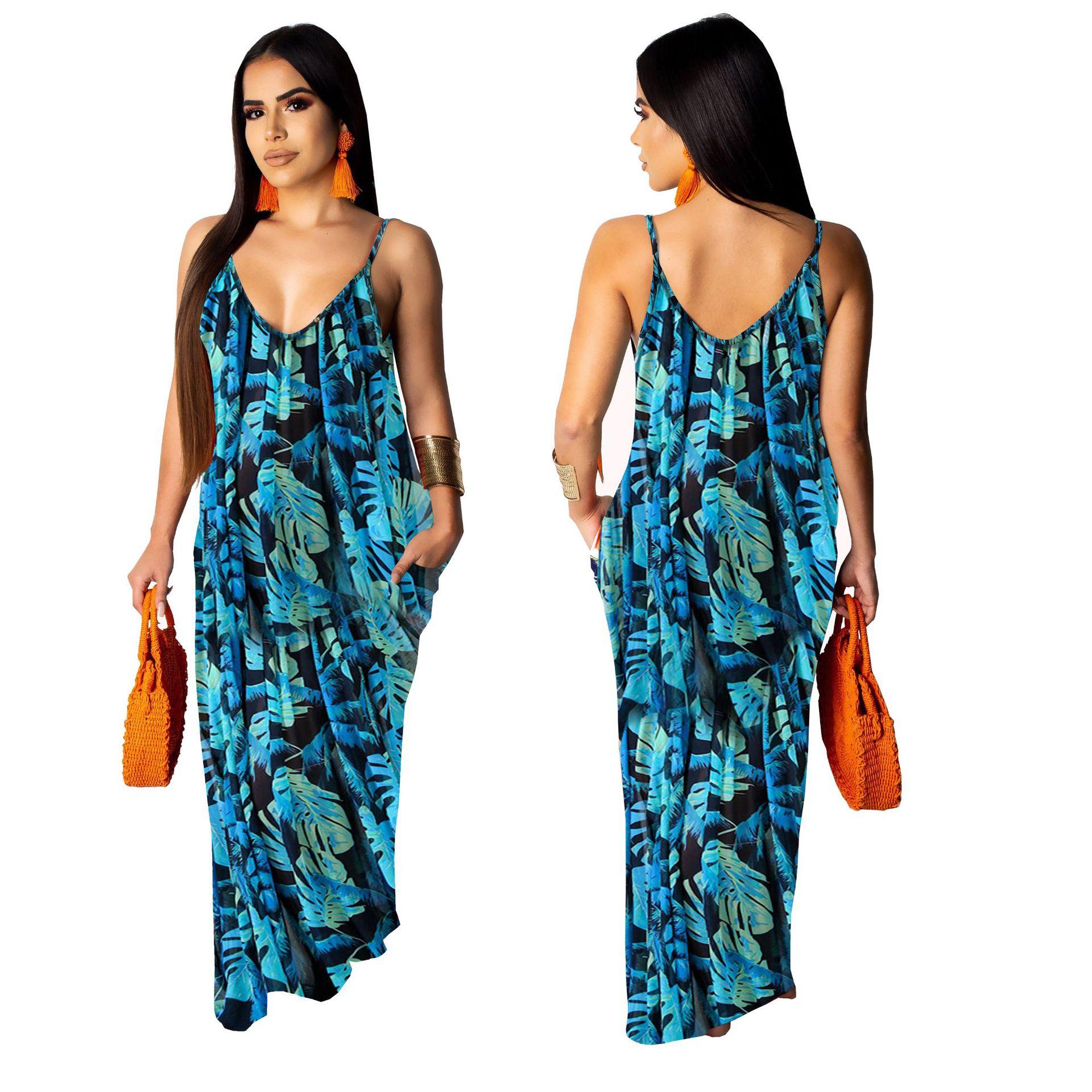Fashion floral print v neck maxi dresses women with pockets - Image 3