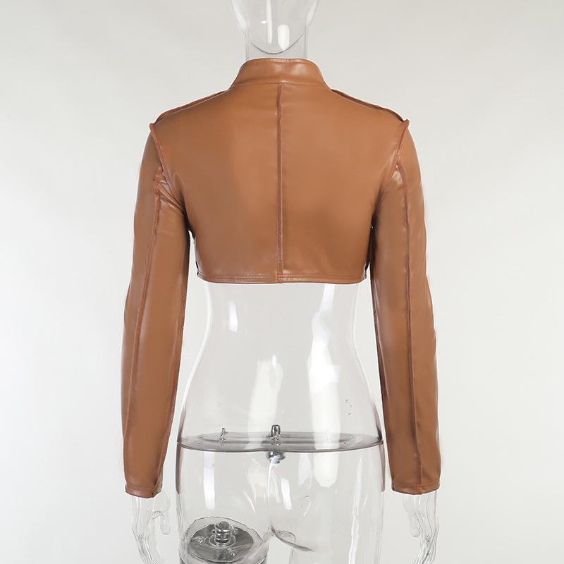 LvCong new winter long sleeves solid color splice women short leather coats - Image 4