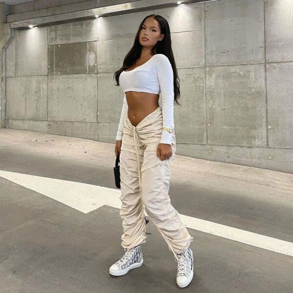 Casual Mid-Waist Stacked Leggings Active Women's Cargo Pants & Trousers Drawstring - Image 3