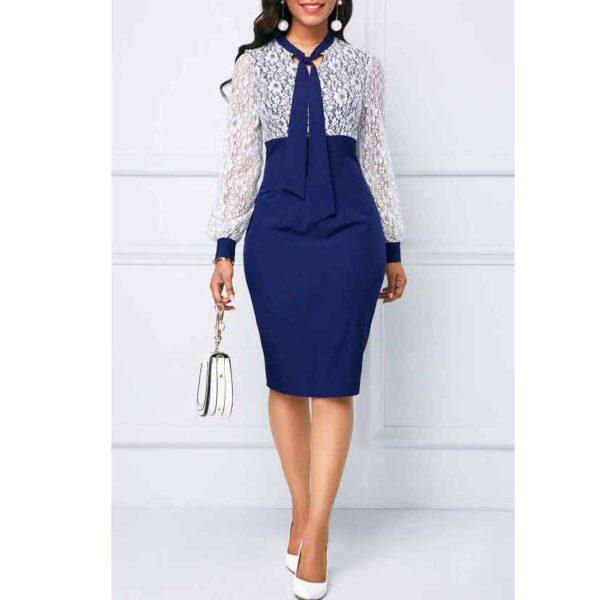 Women For Church Translucent Lace Stitching Dress Contrast Work Dress Elegant Commuter Pencil Dress - Image 3