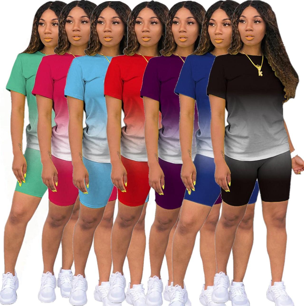 Short sleeve + shorts casual sports tie-dye gradient solid color two-piece workouts set cotton two-piece set for women - Image 5