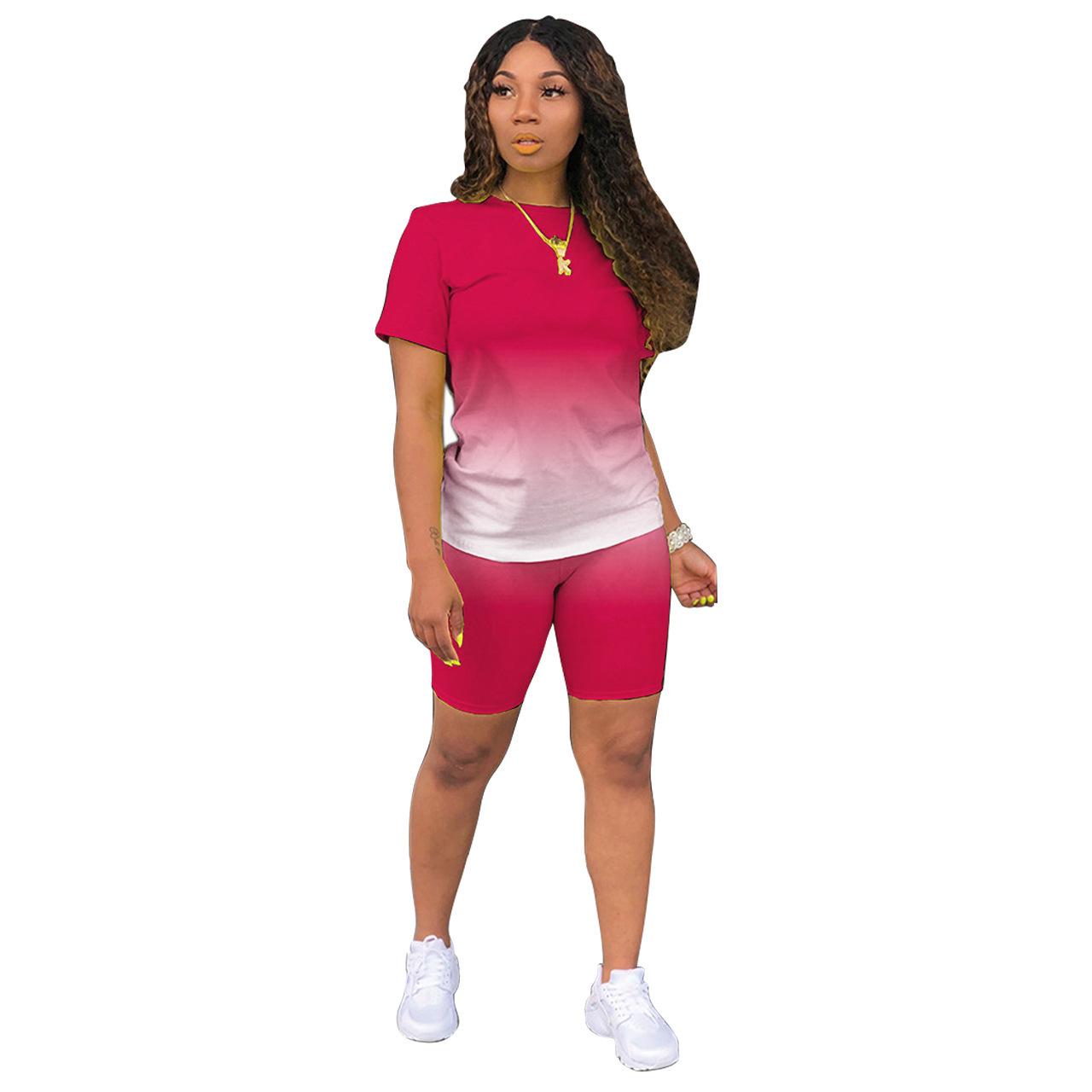 Short sleeve + shorts casual sports tie-dye gradient solid color two-piece workouts set cotton two-piece set for women - Image 4