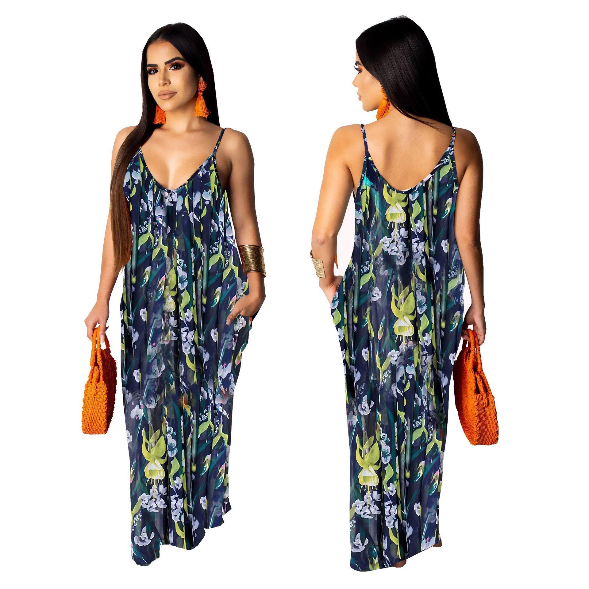Fashion floral print v neck maxi dresses women with pockets - Image 4