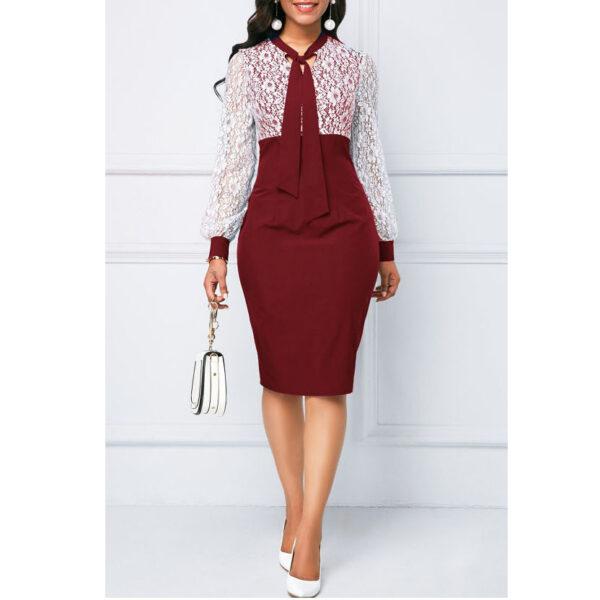 Women For Church Translucent Lace Stitching Dress Contrast Work Dress Elegant Commuter Pencil Dress