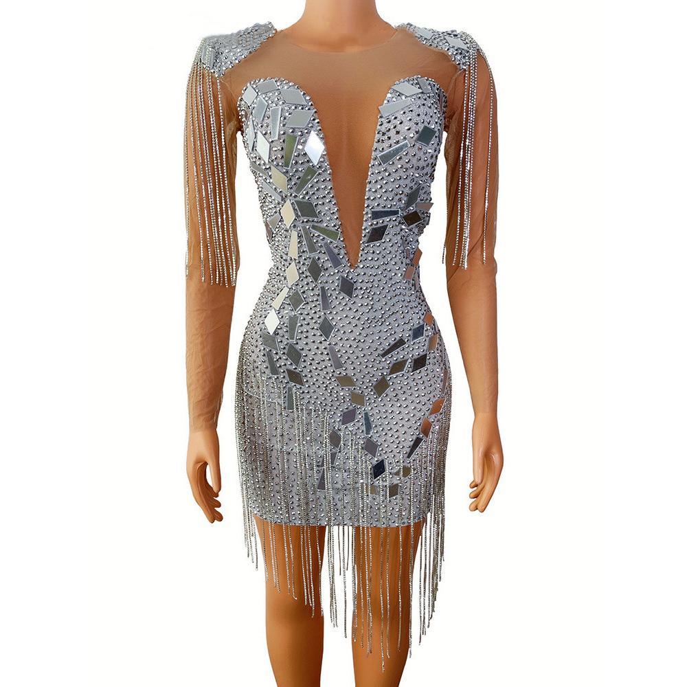 Explosive Models Party Tassel Mesh Beaded Solid Color Zipper Sexy Fashion Dress For Women Fashion - Image 3
