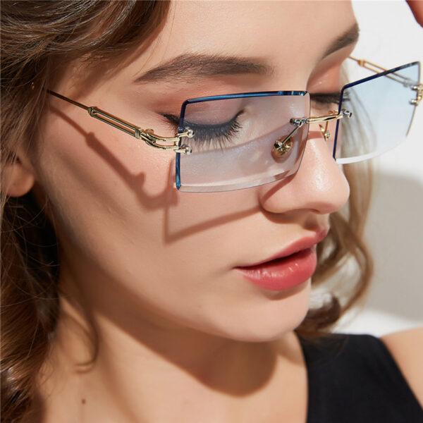 Trendy ladies luxury fashion vintage ray band rimless oversized Rectangle sunglasses shades sunglasses women