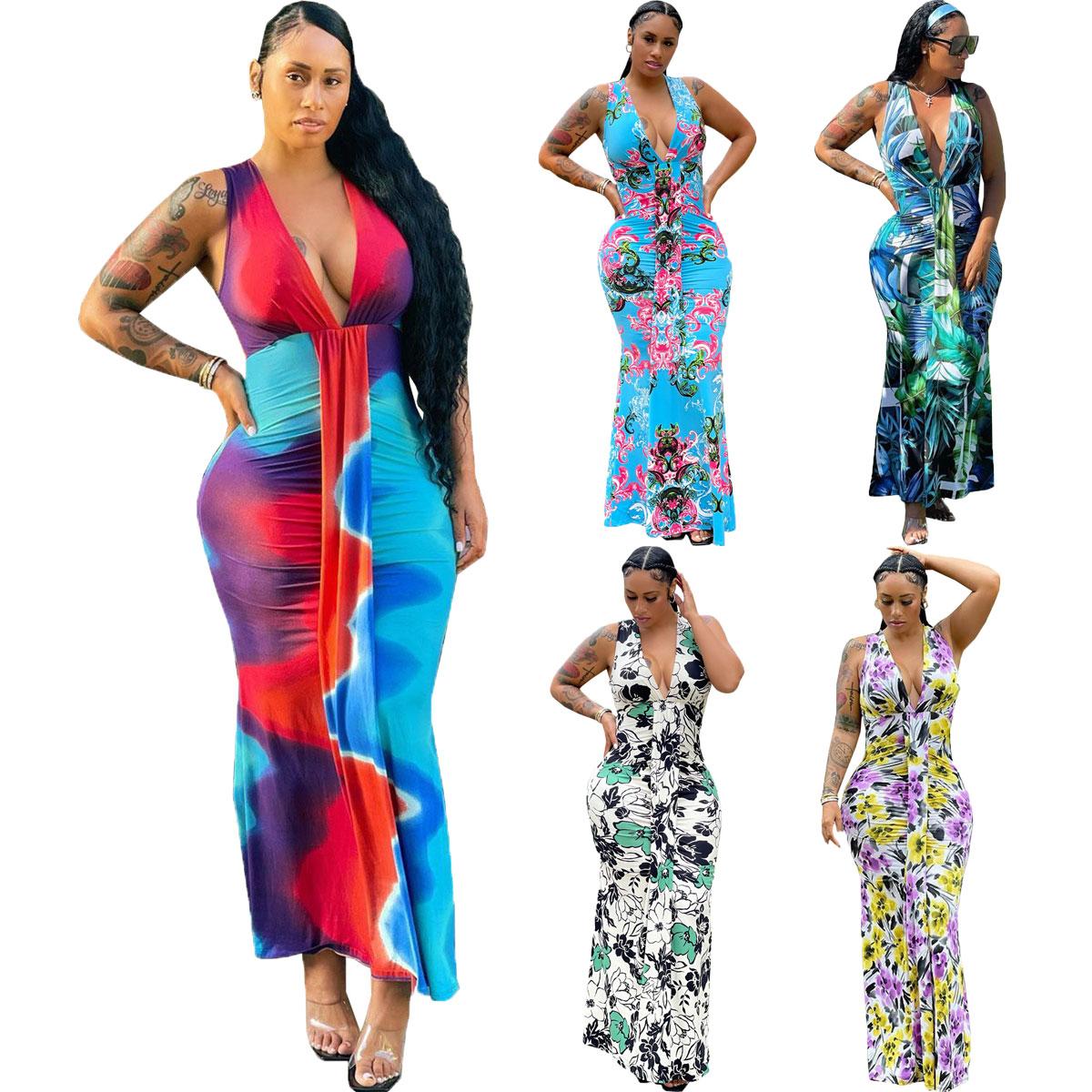 Pleated deep v floral print maxi dresses women sehe fashion - Image 6