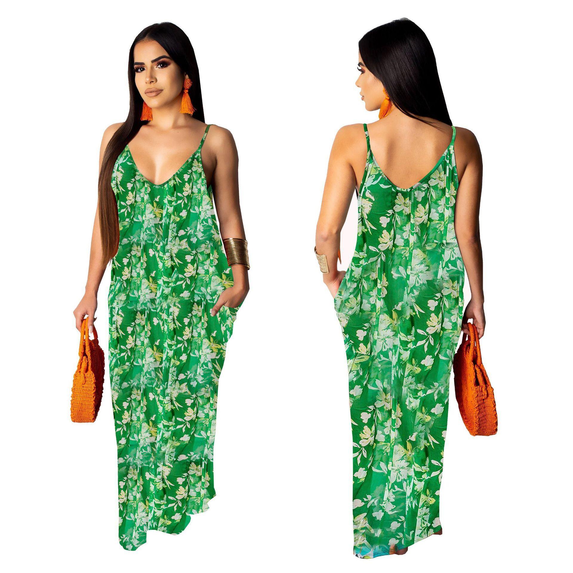 Fashion floral print v neck maxi dresses women with pockets - Image 5