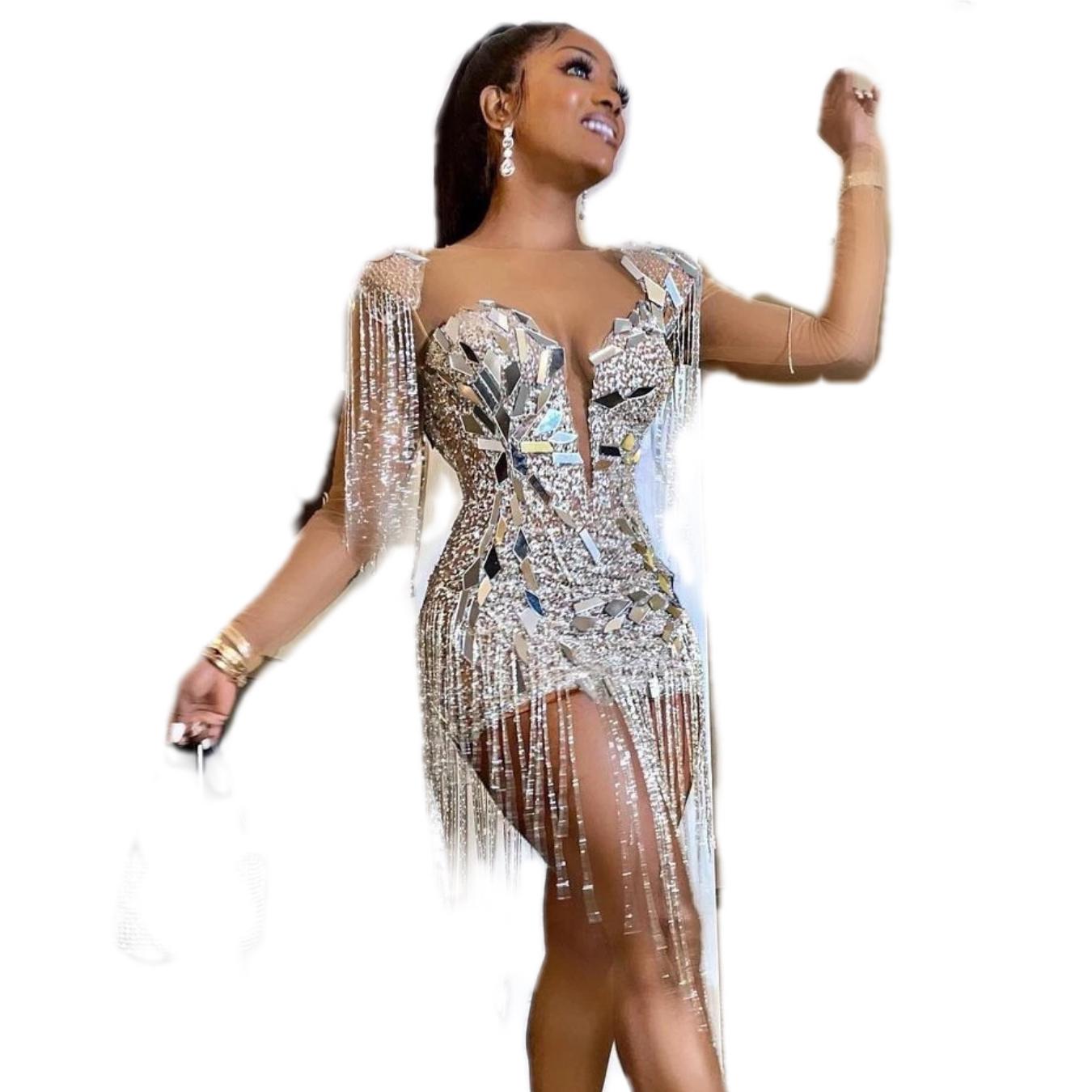 Explosive Models Party Tassel Mesh Beaded Solid Color Zipper Sexy Fashion Dress For Women Fashion - Image 6