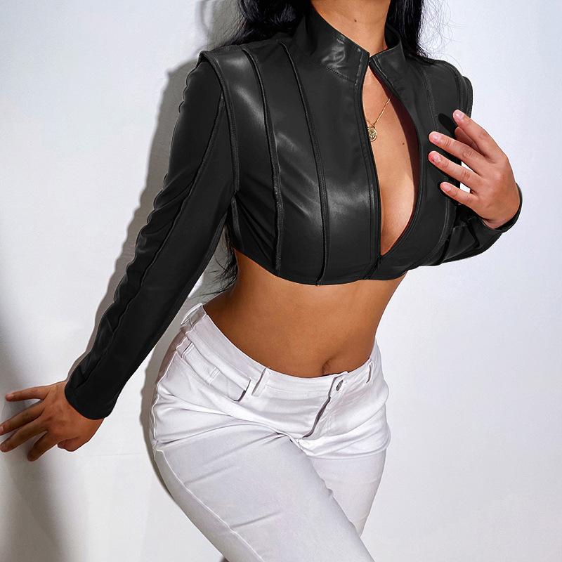 LvCong new winter long sleeves solid color splice women short leather coats