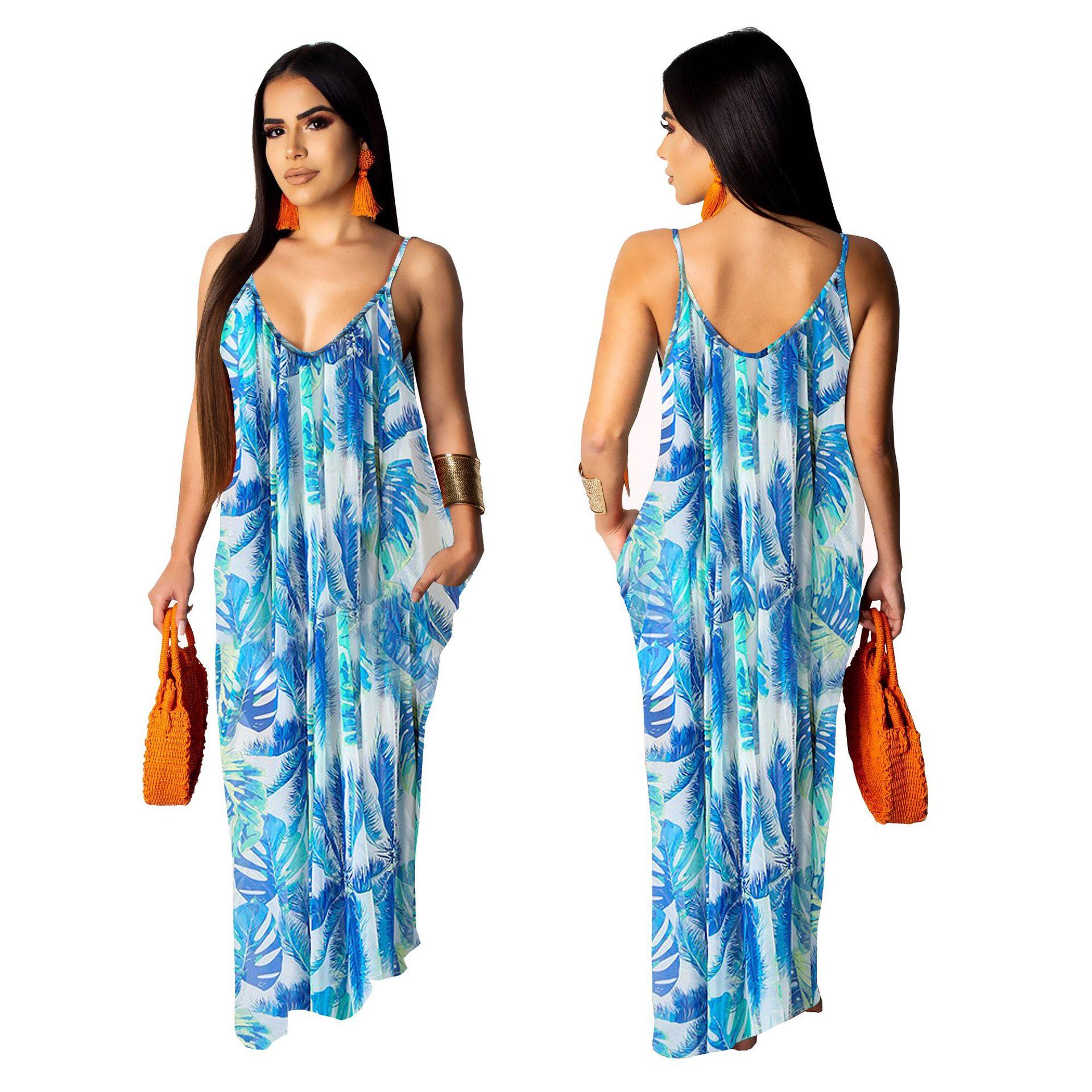 Fashion floral print v neck maxi dresses women with pockets - Image 2