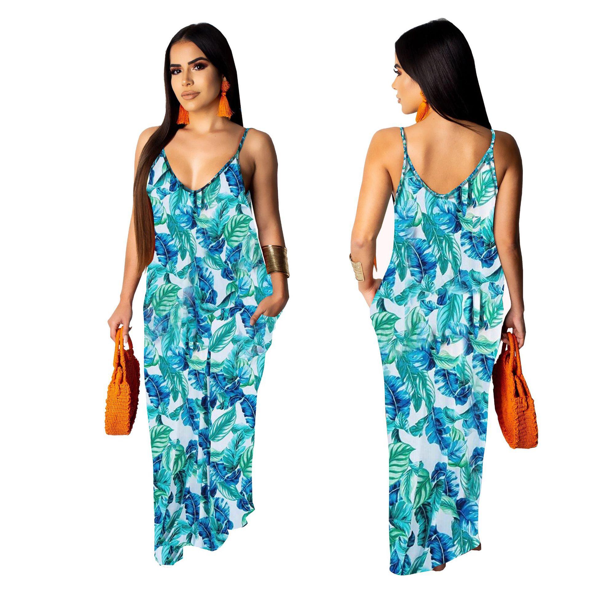 Fashion floral print v neck maxi dresses women with pockets