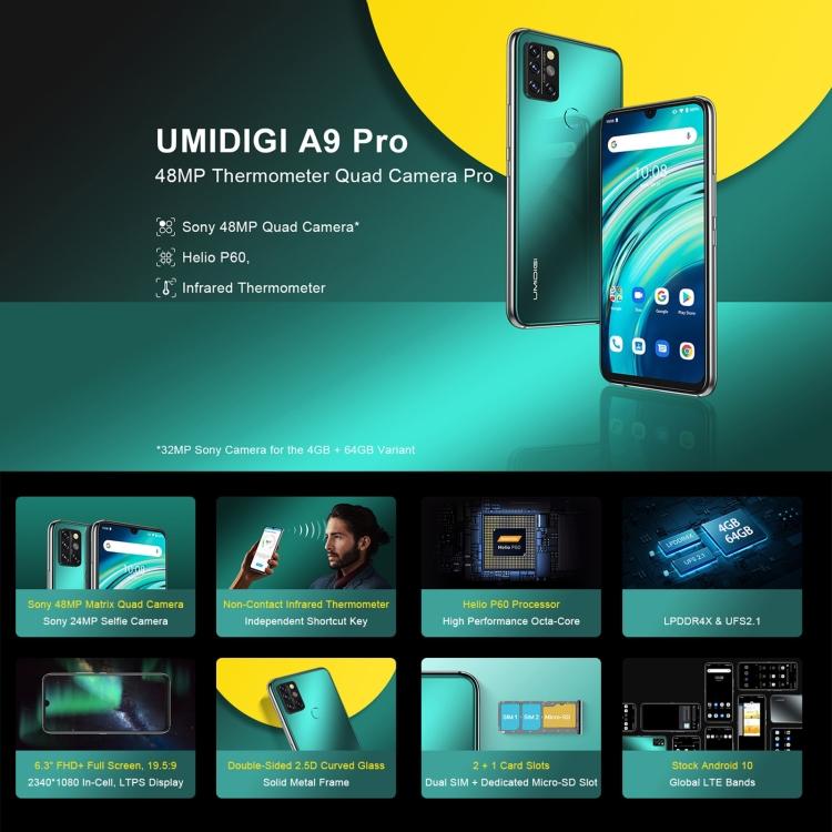 UMIDIGI A9 Pro Cellular Non-contact Infrared ThermoTelefono 6.3 inch Android 10 4G Unlocked Mobile Phones - Image 2