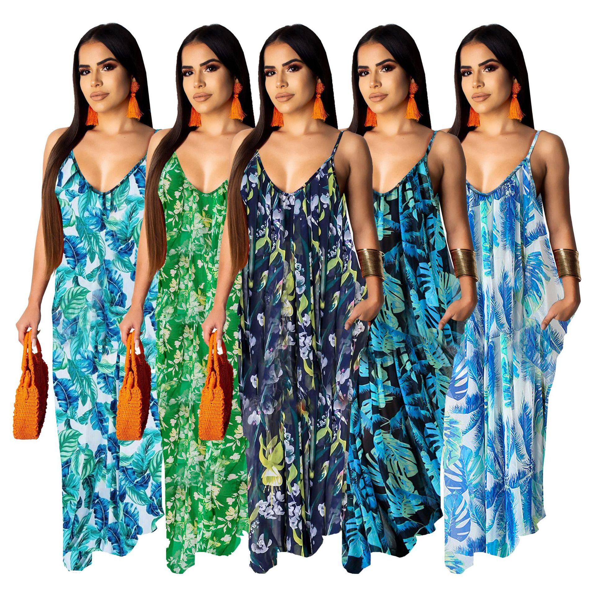 Fashion floral print v neck maxi dresses women with pockets - Image 6