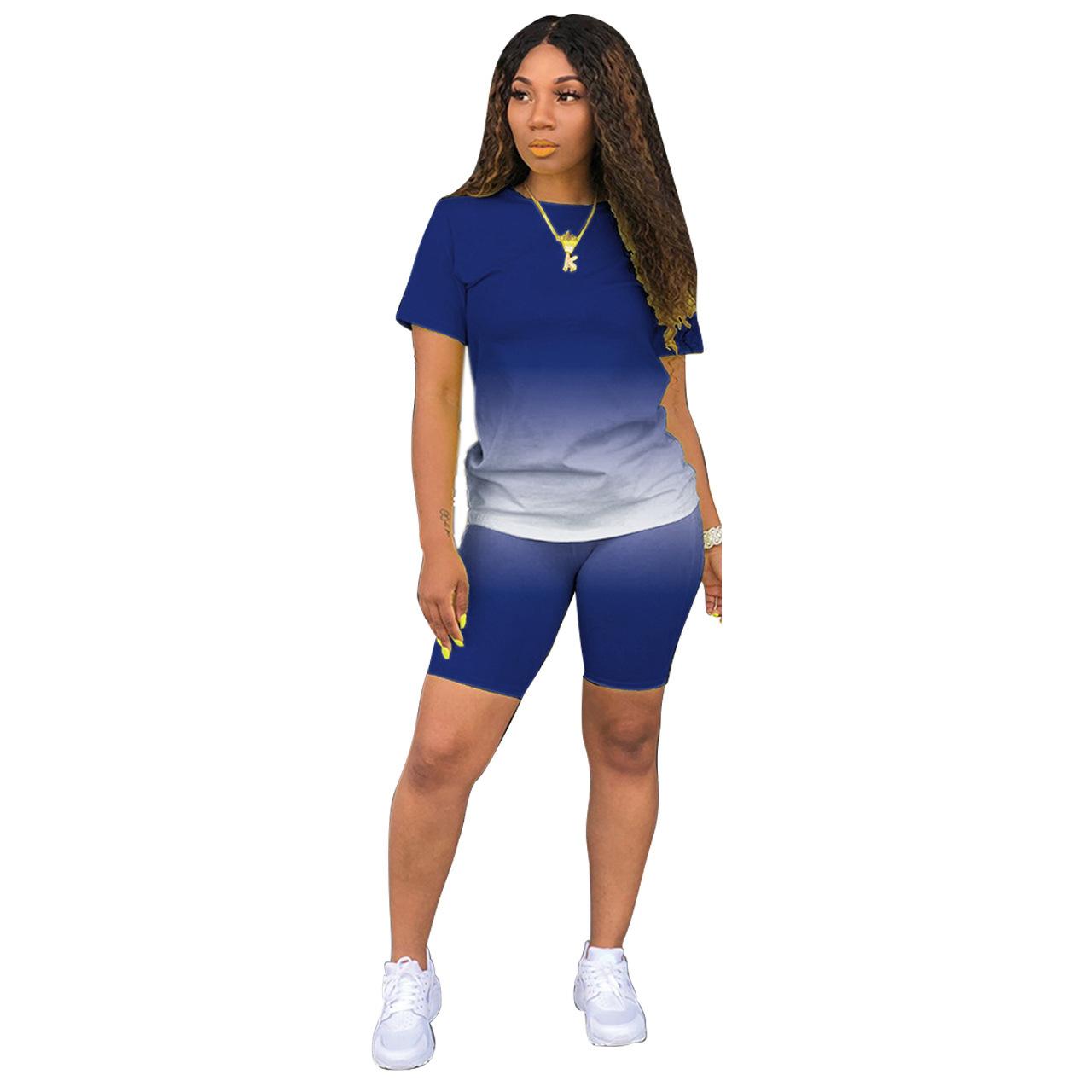 Short sleeve + shorts casual sports tie-dye gradient solid color two-piece workouts set cotton two-piece set for women