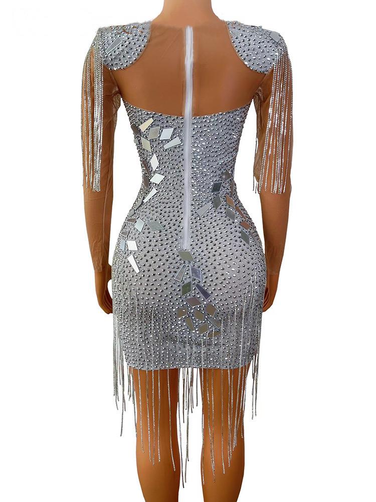 Explosive Models Party Tassel Mesh Beaded Solid Color Zipper Sexy Fashion Dress For Women Fashion - Image 4