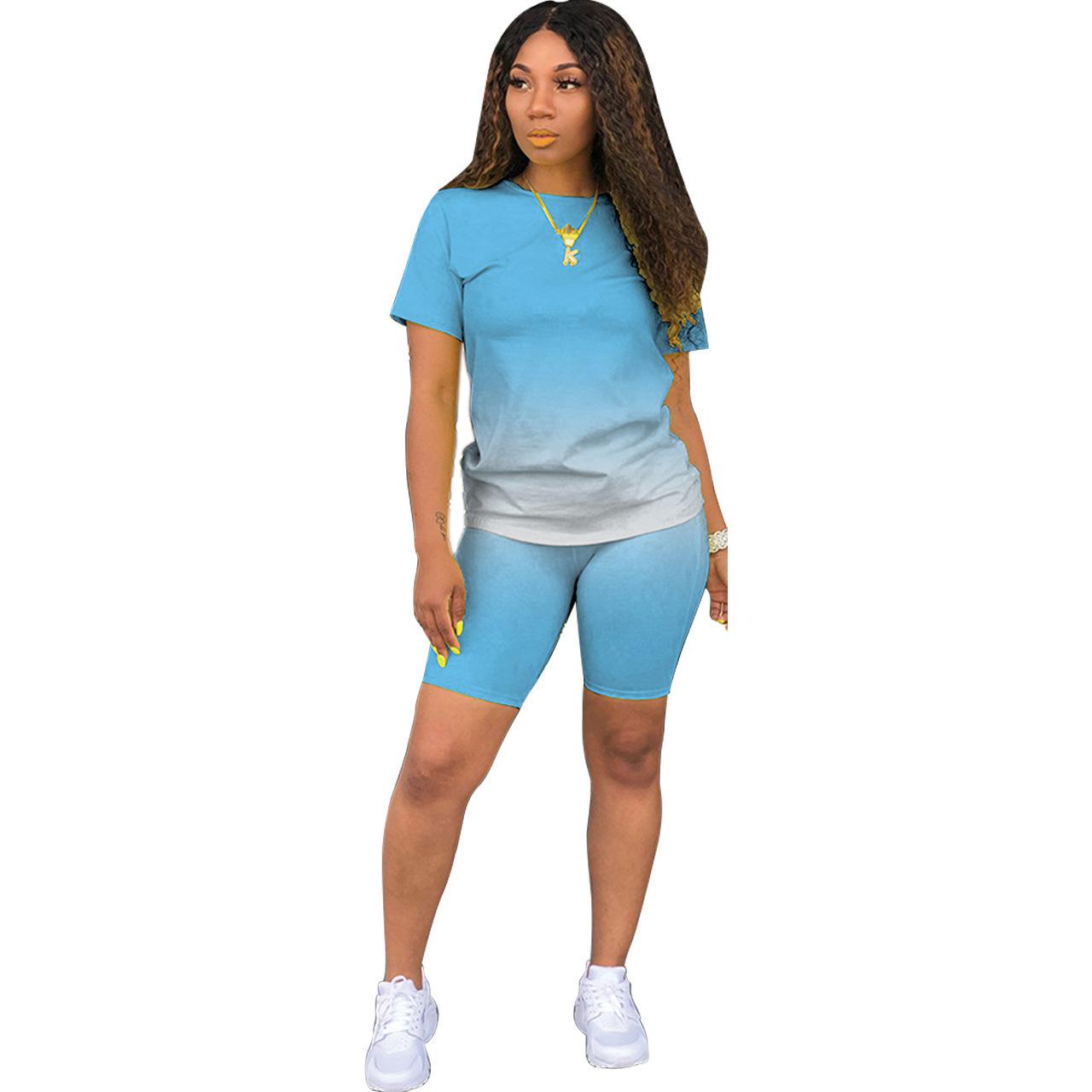 Short sleeve + shorts casual sports tie-dye gradient solid color two-piece workouts set cotton two-piece set for women - Image 3