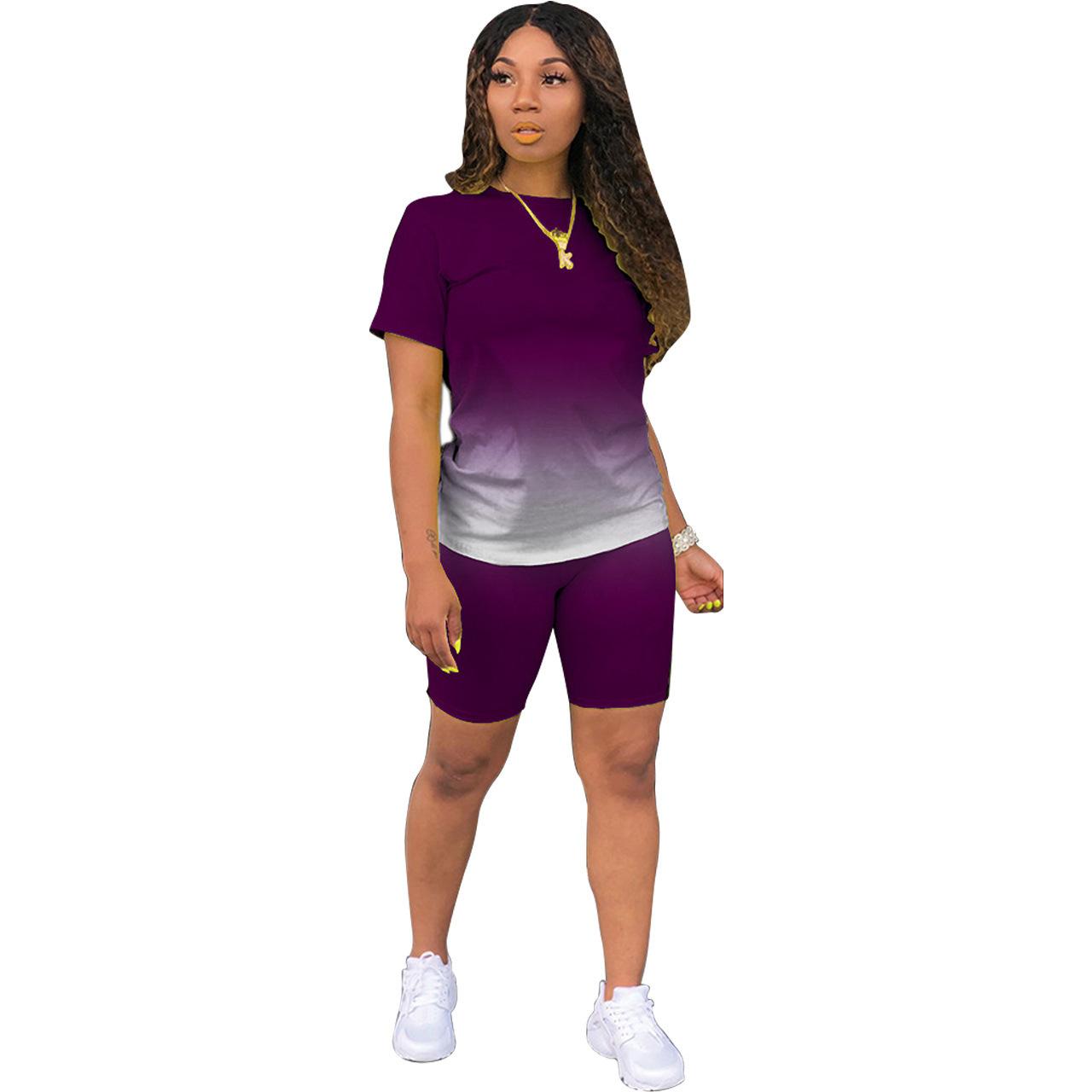 Short sleeve + shorts casual sports tie-dye gradient solid color two-piece workouts set cotton two-piece set for women - Image 2