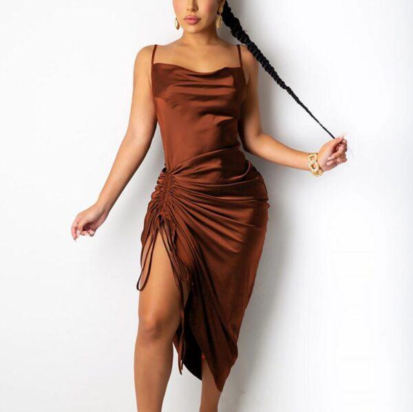 Ruched Satin Summer Dress Drawstring Spaghetti Straps Backless Long Dresses Women Party Club Sexy Vestidos C13663