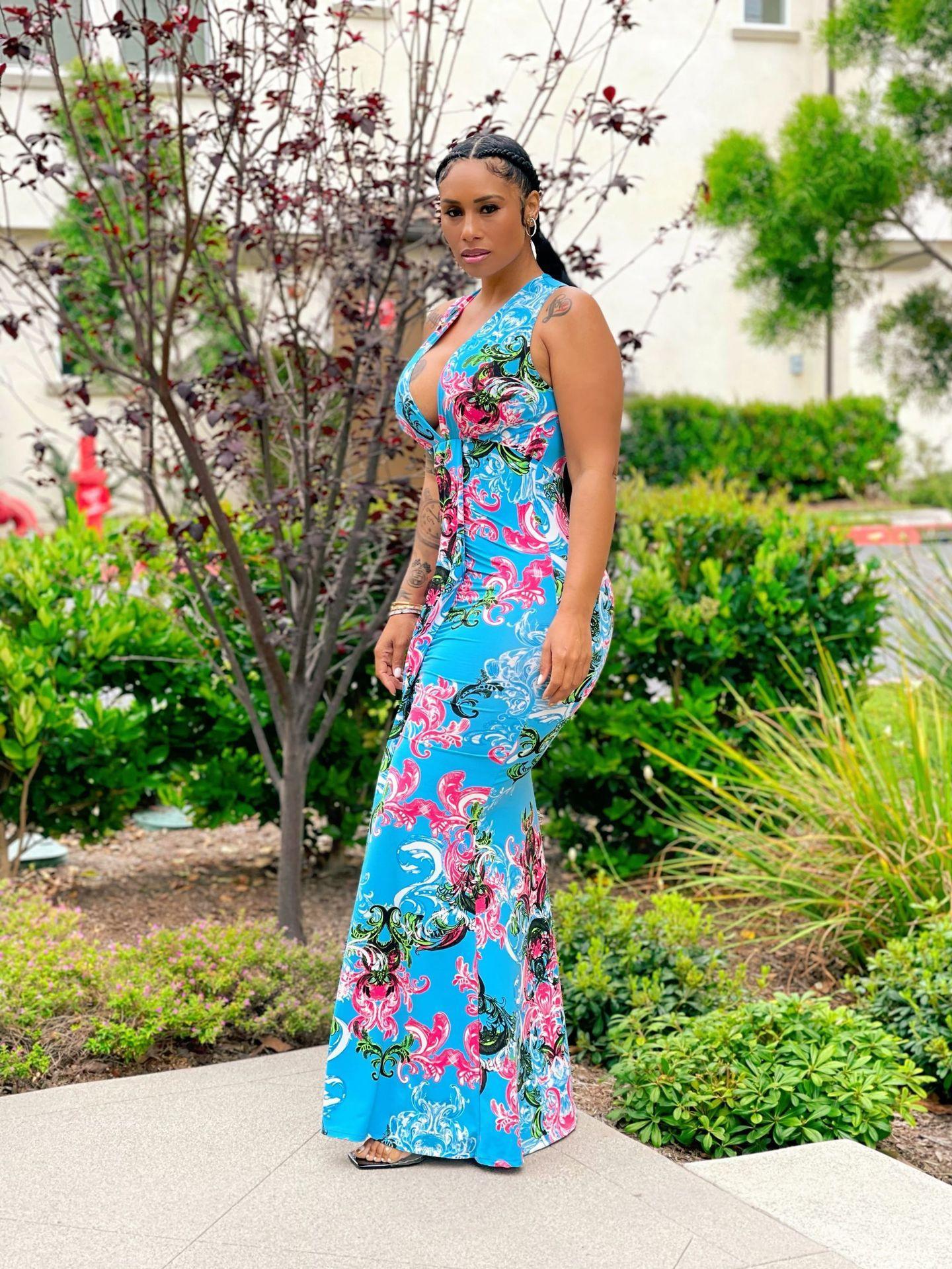 Pleated deep v floral print maxi dresses women sehe fashion - Image 5