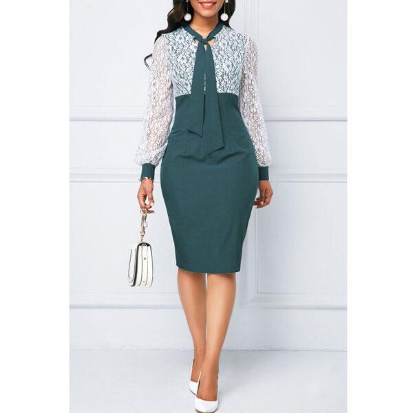 Women For Church Translucent Lace Stitching Dress Contrast Work Dress Elegant Commuter Pencil Dress - Image 2