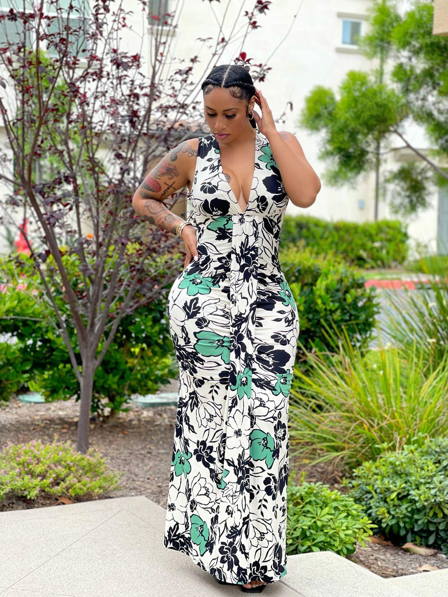 Pleated deep v floral print maxi dresses women sehe fashion - Image 4