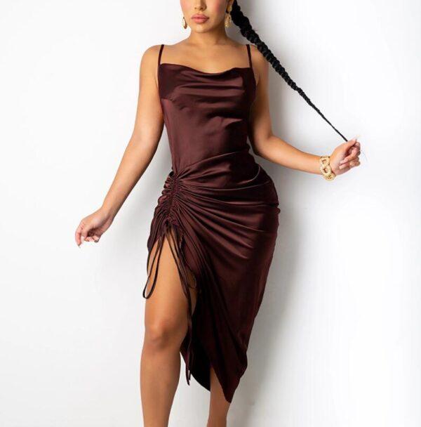 Ruched Satin Summer Dress Drawstring Spaghetti Straps Backless Long Dresses Women Party Club Sexy Vestidos C13663 - Image 3