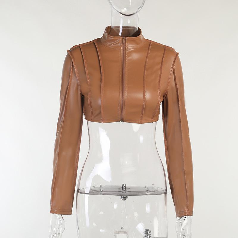 LvCong new winter long sleeves solid color splice women short leather coats - Image 3